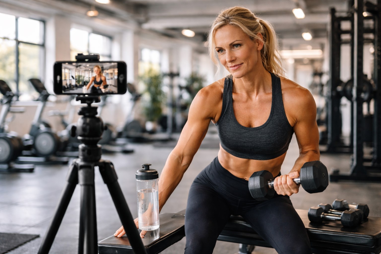 Fitness influencer lager treningsinnhold til sosiale medier i moderne gymmiljø