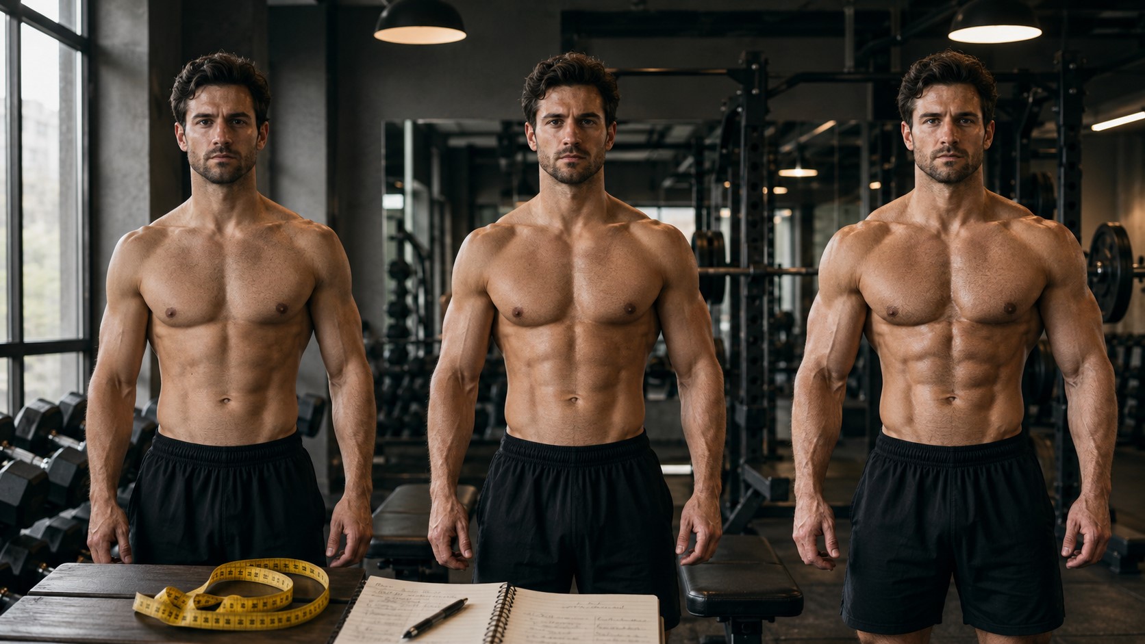 Fotorealistisk 16:9 redaksjonelt fitnessbilde av en svært veltrent mann i et moderne treningssenter, vist i en subtil visuell tidsserie med tre stadier av gradvis økende muskelmasse fra venstre mot høyre, samme person og realistiske proporsjoner, diskret målebånd og treningslogg i forgrunnen, manualer og styrkeutstyr i bakgrunnen, profesjonell dramatisk magasinbelysning, vitenskapelig og seriøs fitness-estetikk, høy detaljgrad, ingen overdreven bodybuilding-fysikk, ingen tekst, ingen logo, ingen vannmerker.