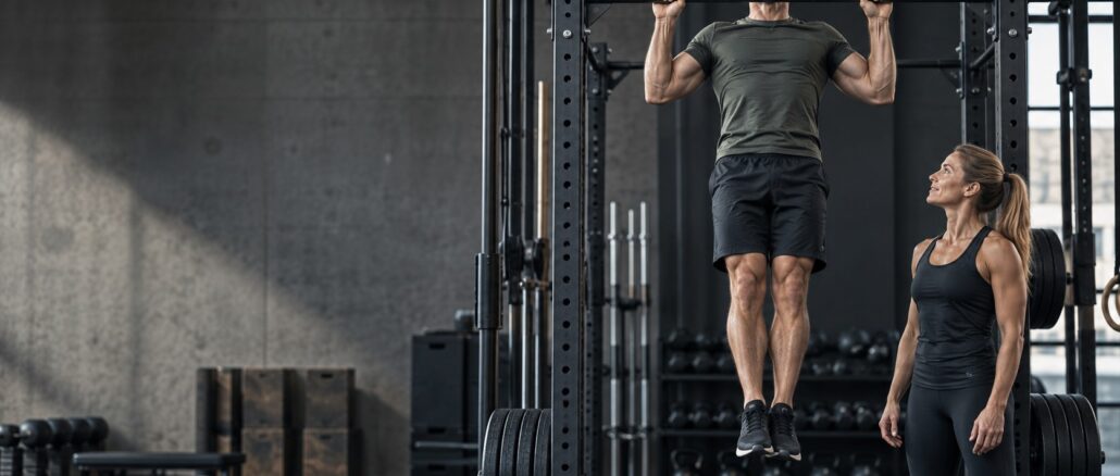 Mann utfører en pull-up med treningspartner ved siden av i et treningssenter.