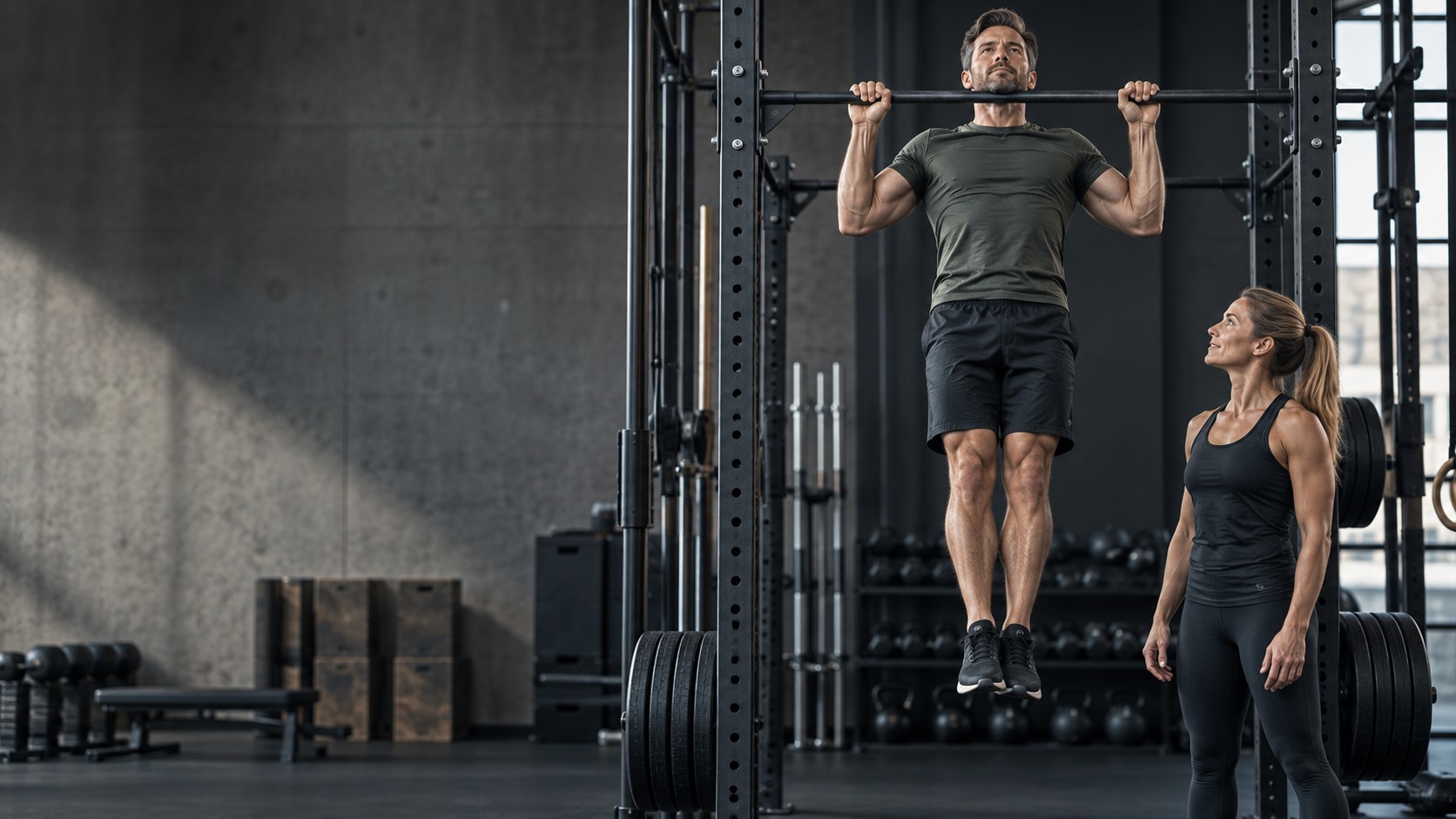 Mann utfører en pull-up med treningspartner ved siden av i et treningssenter.