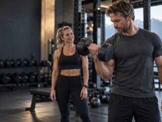 Mann trener biceps med enarms hantelcurl i et treningssenter.