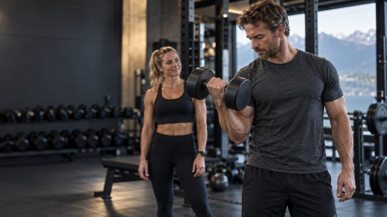 Mann trener biceps med enarms hantelcurl i et treningssenter.